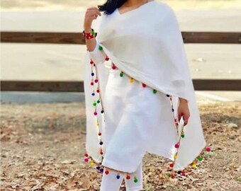 white shalwar kameez with colourful dupatta