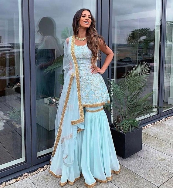 Women's Look Stunning With Designer Sky Blue Color Bridal Sharara Suit