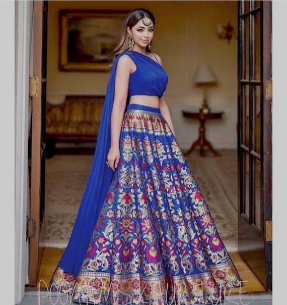 Indian blue banarasi lehenga choli for women blue banarasi brocade lehenga  customised lehenga wedding dresses bridesamid wear free shipping