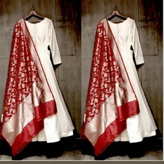Orange Banarasi Long Gown With Dupatta – Gajiwala