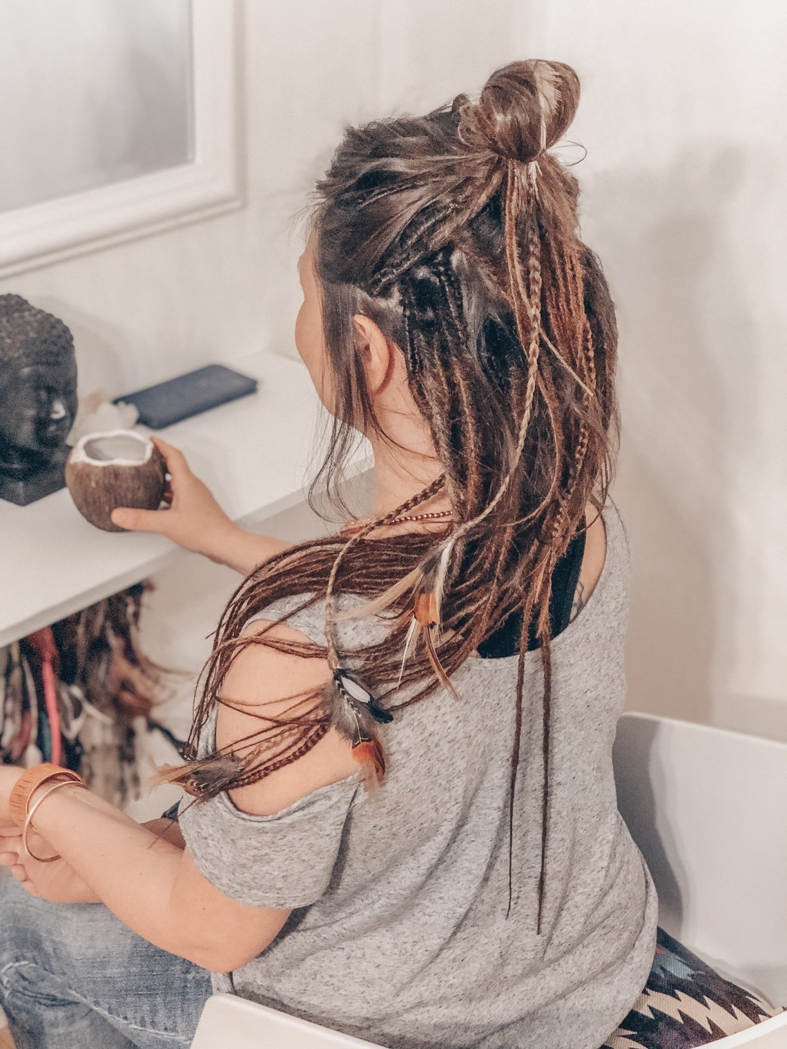 Boho Style Double Ended Dreadlocks With Feather Braids Dreads Etsy