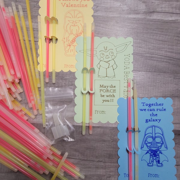 Star wars valentines set of 3, glow stick valentines, kid valentines, yoda valentines, classroom valentines, classroom card, party favor