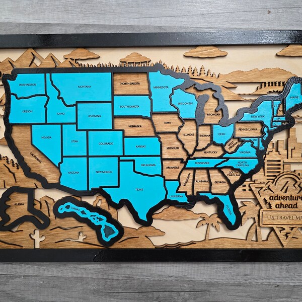 Wood united states travel map, painted united states map, united states bucket travel list wall hanger, wood us travel bucket list gift sign