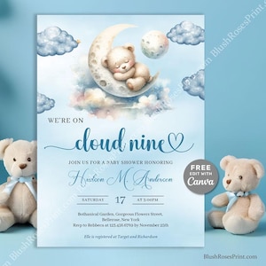 FULLY EDITABLE We're on Cloud Nine Boy Baby Shower Invitation Printable Template Watercolor Blue Brown Sleeping Teddy Bear Invite CANVA