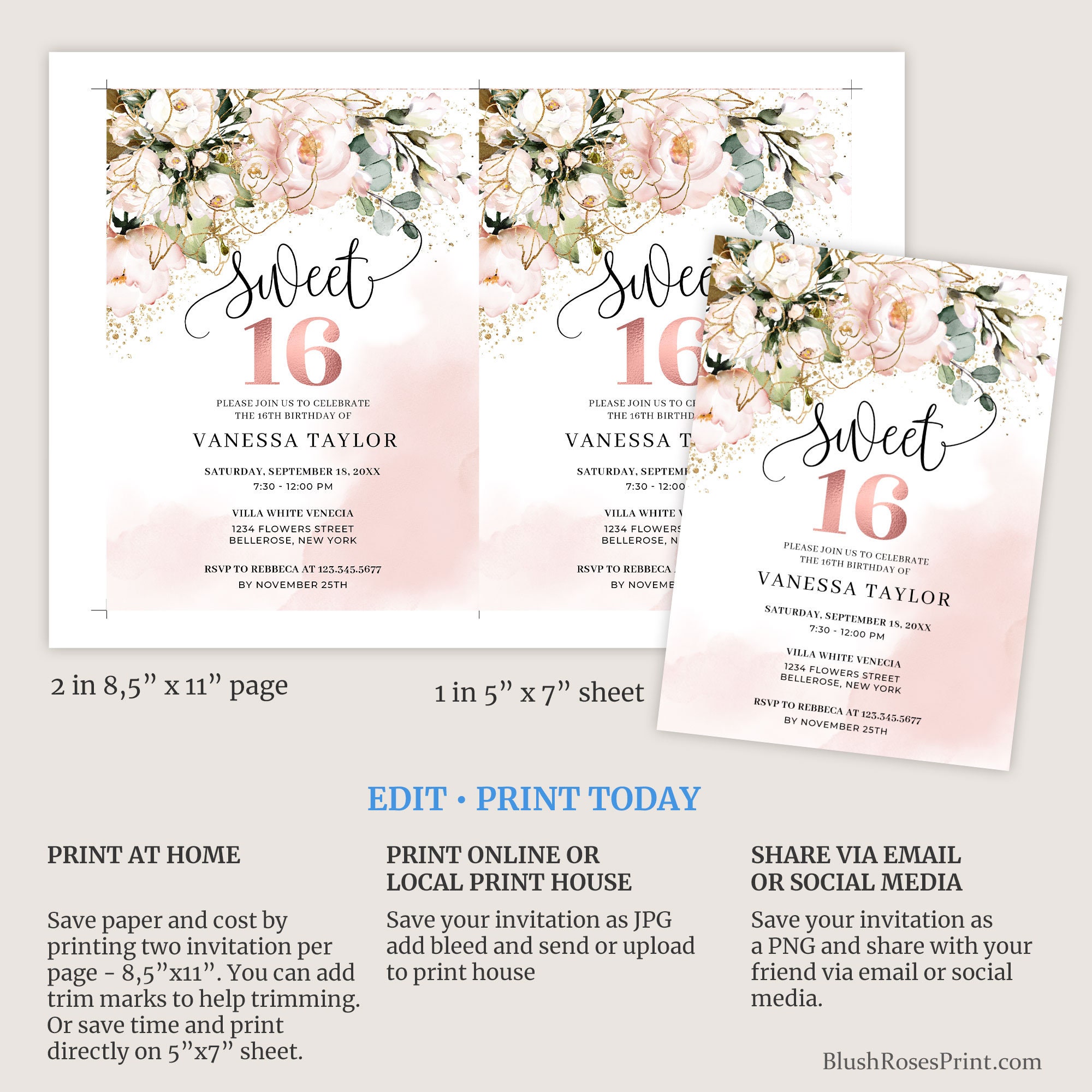 Rose Gold Sweet Sixteen Invitation Template Edit With Etsy
