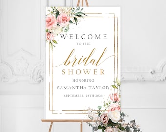Blush and Gold Bridal Shower Welcome Sign, Editable Boho Welcome Sign Template,  Rose Gold Floral Welcome, TEMPLETT INSTANT DOWNLOAD FRTY16