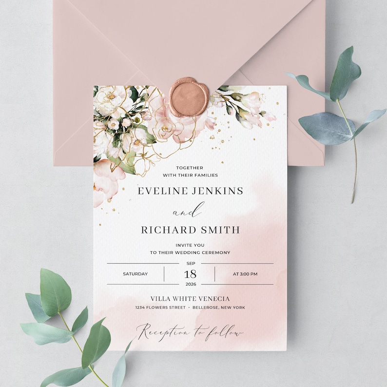 Blush Wedding Invitation Suite, DIGITAL DOWNLOAD, Boho Pink and Gold Floral, Printable Wedding Invitation Set, Rose Gold Wedding Set WATBLP7 image 6