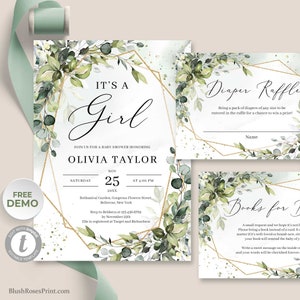 Greenery It's a Girl Invitation Template, Edit Yourself Boho Baby ...