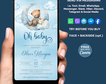 Teddy Bear Electronic Baby Shower Invitation for Boy Teddy Bear Over the Moon, Blue Bear Baby Shower, Bear Theme Invites, Phone Invitation