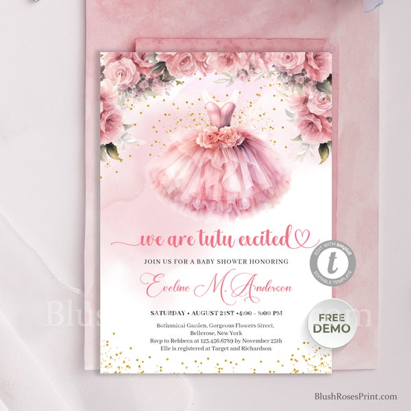 Tutu Excited Editable Invitation for Girl Baby Shower Ballerina Dress Invitation Template TEMPLETT Watercolor Pink and Gold Invite Printable