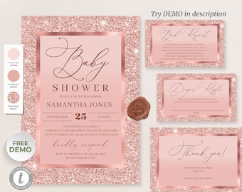 Rose Gold Baby Shower Invitation, INSTANT DOWNLOAD, Rose Gold Foil Invite, Fully Editable Invitation, Printable Baby Invite TEMPLETT RGG02