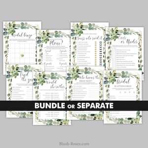 Puede incluir: Un conjunto de juegos de despedida de soltera imprimibles con un tema de eucalipto verde y dorado. Los juegos incluyen "Bridal Bingo", "What's in Your Phone", "He Said She Said", "Over or Under", "Find the Guest", "Would She Rather", "Who Knows the Bride Best?" y "Bridal Scattergories".