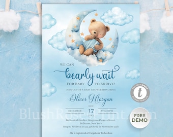 Editable Boy Baby Shower Invitation with Sleeping Teddy Bear, Teddy Bear Over the Moon, Blue Bear Baby Shower, Bear Theme Invites Template