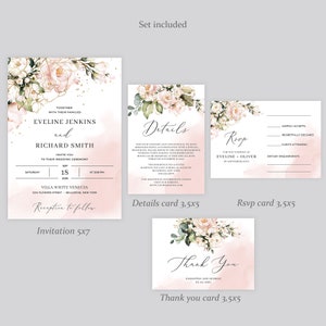 Blush Wedding Invitation Suite, DIGITAL DOWNLOAD, Boho Pink and Gold Floral, Printable Wedding Invitation Set, Rose Gold Wedding Set WATBLP7 image 2