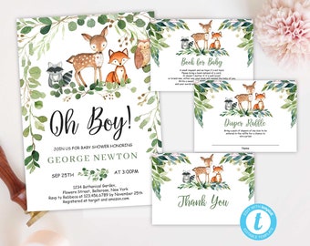 Modèle de jeu d'invitations pour baby shower verdure boho animaux des bois, imprimable Eucalyptus Oh Boy Invitation téléchargement immédiat TEMPLETT BS109