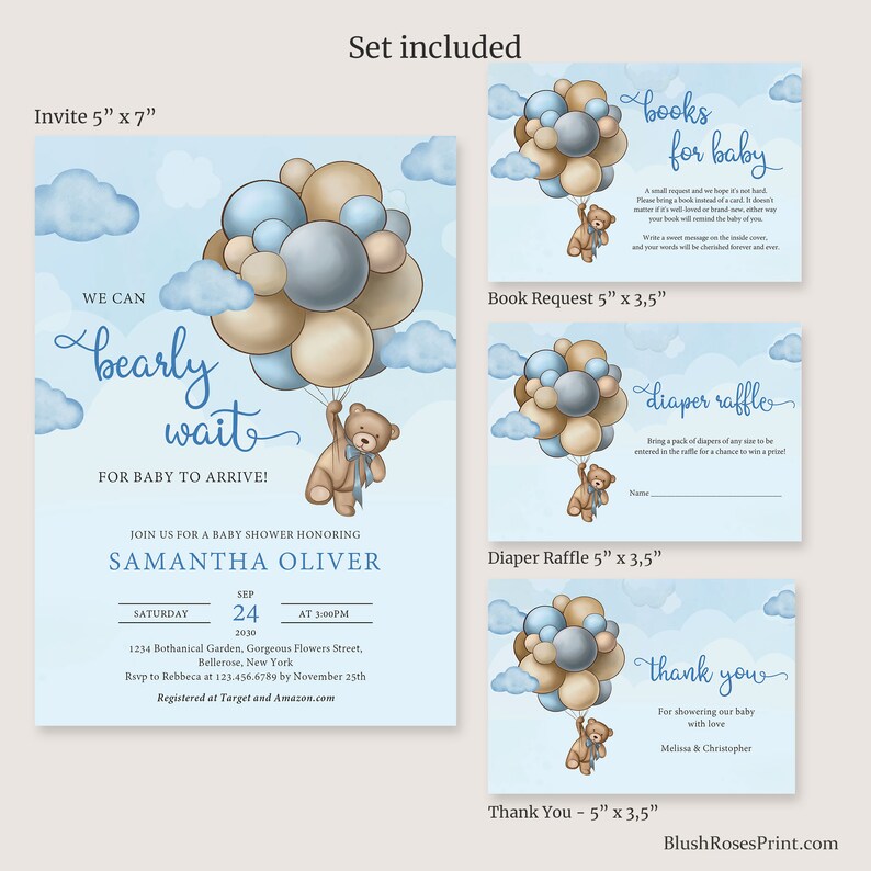 Boy Teddy Bear Baby Shower Invitation Template Blue Brown Etsy