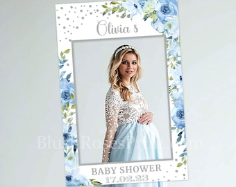 Blue Baby Shower Photo Prop, Printable Silver and Blue Floral Selfie Frame, Boho Dusty Blue Flowers Eucalyptus, Silver Glitter Sparkle #0013