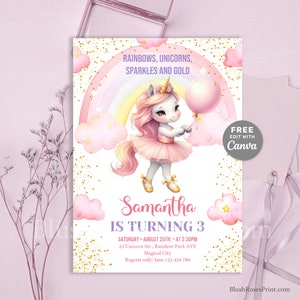 Regenbogen Einhörner Funkeln und goldenes Einhorn-Einladungsvorlage Tutu Ballerina Bearbeitbare CANVA Mädchen Pastell Einhorn-Geburtstags-Party einladen