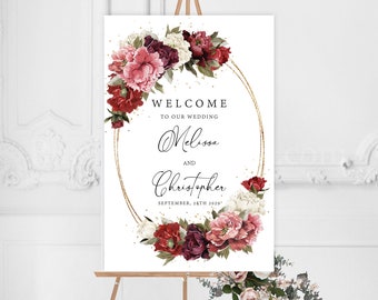Burgundy and Blush Welcome Sign Template, Editable Wedding Welcome Sign, Boho Maroon Vintage Flowers, Mauve Roses Porch Sign DIGITAL #137