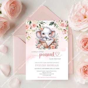 May include: A baby shower invitation with a watercolour illustration of a baby elephant in a basket. The text reads "A Sweet Little Peanut is on the Way" in pink script. The invitation is set against a pink background, with floral accents.