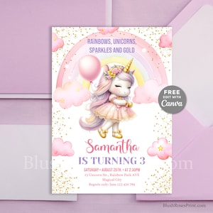 Regenbogen Einhörner Funkeln und Gold Pastell Einhorn-Einladungs-Schablone Tutu Ballerina Bearbeitbare CANVA Mädchen 5.5.Geburtstags-Party einladen