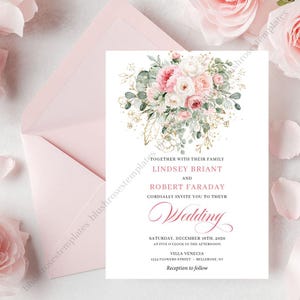 May include: A wedding invitation with a floral design. The invitation features a bouquet of pink and white roses and greenery. The text reads "Lindsey Briant and Robert Faraday cordially invite you to their wedding."