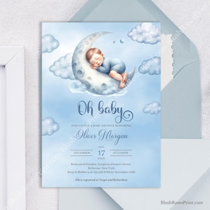 Editable Cute sleeping baby boy over the moon Boy Baby Shower Invitation Template Instant Download Love you to the moon and back