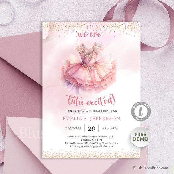 Editable Tutu Excited Invitation for Girl Baby Shower Ballerina Dress Invitation Template TEMPLETT Watercolor Pink and Gold Invite Printable