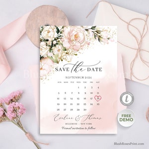 Editable Save The Date with Calendar, Rose Gold Save our Date Template, INSTANT DOWNLOAD, Boho Save our Date Card, Blush Pink Floral WATBLP7