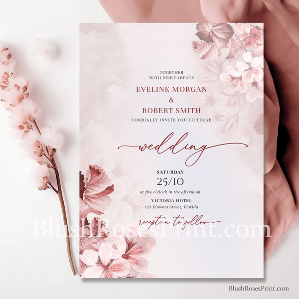 Blush Pink Spring Flowers Editable Wedding Invitation Template Delicate Soft Pastel Pale Pink Rose Gold Burgundy Mauve Wedding Invites CANVA