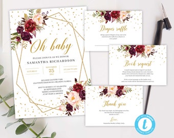 Burgundy Marsala Blush Pink Floral Oh Baby Shower Invitation Set Printable Template Digital Editable with TEMPLETT INSTANT DOWNLOAD NMBF10