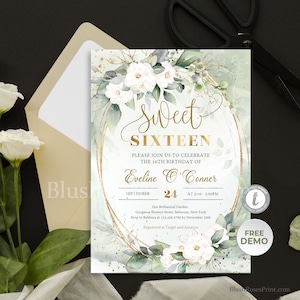 Greenery Sweet Sixteen Invitation Template, White Roses Sweet 16th Invitation Printable, Green and Gold Sweet 16th Invitation DIGITAL #57