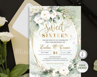 Greenery Sweet Sixteen Invitation Template, White Roses Sweet 16th Invitation Printable, Green and Gold Sweet 16th Invitation DIGITAL #57
