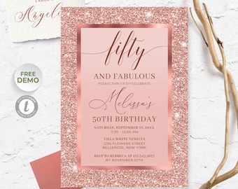 Rose Gold Fifty and Fabulous Invitation Template, Editable 50th Birthday Invitation, Rose Gold 50th Birthday Invite DIY, Printable RGGS2