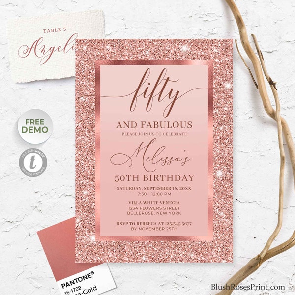 Rose Gold Fifty and Fabulous Invitation Template, Editable 50th Birthday Invitation, Rose Gold 50th Birthday Invite DIY, Printable RGGS2