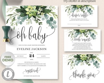 Succulent Baby Shower Invitation Template, Greenery Oh Baby invitation, Boho Editable Baby Shower invite, INSTANT DOWNLOAD TEMPLETT BS119