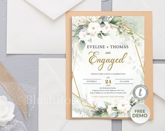 May include: A green and gold geometric frame with white flowers and greenery. The text "Eveline + Thomas are Engaged" is in gold script font. The invitation is for a wedding celebration on September 24, 2025, at 3:00 PM at Zen Botanical Garden in Bellerose, New York.