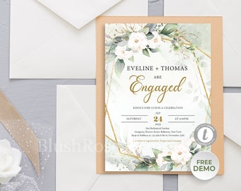 White Flowers Engagement Invitation Template, Greenery Engagement Invite, Eucalyptus Foliage Engagement Invite, Faux Gold Geometric #57