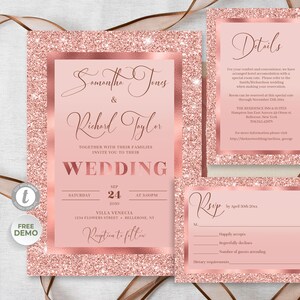 Rose Gold Gitter Wedding Invitation Template, Printable Rose Gold Foil Wedding Set, INSTANT DOWNLOAD, Rose Gold Wedding Suite TEMPLETT RGGS2
