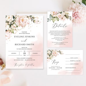 Blush Wedding Invitation Suite, DIGITAL DOWNLOAD, Boho Pink and Gold Floral, Printable Wedding Invitation Set, Rose Gold Wedding Set WATBLP7 image 1