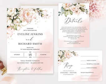 Blush Wedding Invitation Suite, DIGITAL DOWNLOAD, Boho Pink and Gold Floral, Printable Wedding Invitation Set, Rose Gold Wedding Set WATBLP7