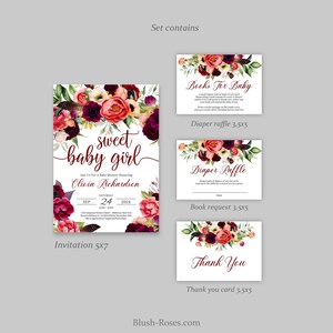 Puede incluir: Un conjunto de tarjetas de baby shower imprimibles con un dise&ntilde;o floral en tonos rosa, rojo y burdeos. Las tarjetas incluyen una invitaci&oacute;n, una solicitud de rifa de pa&ntilde;ales, una solicitud de libros y una tarjeta de agradecimiento. El texto de la invitaci&oacute;n dice "sweet baby girl" e incluye el nombre Olivia Richardson. El texto de la tarjeta de rifa de pa&ntilde;ales dice "Diaper Raffle". El texto de la tarjeta de solicitud de libros dice "Books For Baby". El texto de la tarjeta de agradecimiento dice "Thank You".