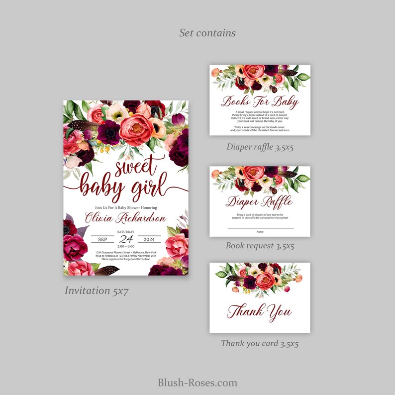 Puede incluir: Un conjunto de tarjetas de baby shower imprimibles con un dise&ntilde;o floral en tonos rosa, rojo y burdeos. Las tarjetas incluyen una invitaci&oacute;n, una solicitud de rifa de pa&ntilde;ales, una solicitud de libros y una tarjeta de agradecimiento. El texto de la invitaci&oacute;n dice "sweet baby girl" e incluye el nombre Olivia Richardson. El texto de la tarjeta de rifa de pa&ntilde;ales dice "Diaper Raffle". El texto de la tarjeta de solicitud de libros dice "Books For Baby". El texto de la tarjeta de agradecimiento dice "Thank You".