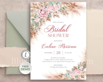 Blush Roses Pampas Bridal Shower Invitation, Boho Tropical Dusty Pink Flowers, Editable Invite, Rose Gold Floral, Soft Pink Greenery #149