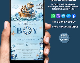 Plantilla de invitación electrónica para baby shower ¡Ahoy es un niño!, invitación para baby shower con temática de marinero y osito náutico, invitación digital para teléfono.