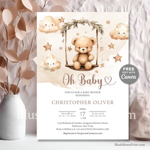 Puede incluir: Una invitación a una fiesta de bienvenida al bebé con un fondo de acuarela que presenta un osito de peluche en un columpio, nubes y estrellas. El texto dice "Oh Baby" e incluye el nombre del bebé, Christopher Oliver, la fecha y la hora de la fiesta, y la dirección. La invitación también incluye la información de RSVP y los detalles del registro.
