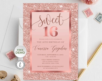 Rose Gold Sweet Sixteen Invitation Template, Printable Sweet 16th Invitations, Sweet 16 Birthday Invitations Rose Gold, Canva