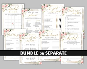 Blush Floral Bridal Shower Games Bundle, Boho Games Templates Set, Pink and Gold Games, DIGITAL DOWNLOAD Games Pack, Editable Games FRTY16
