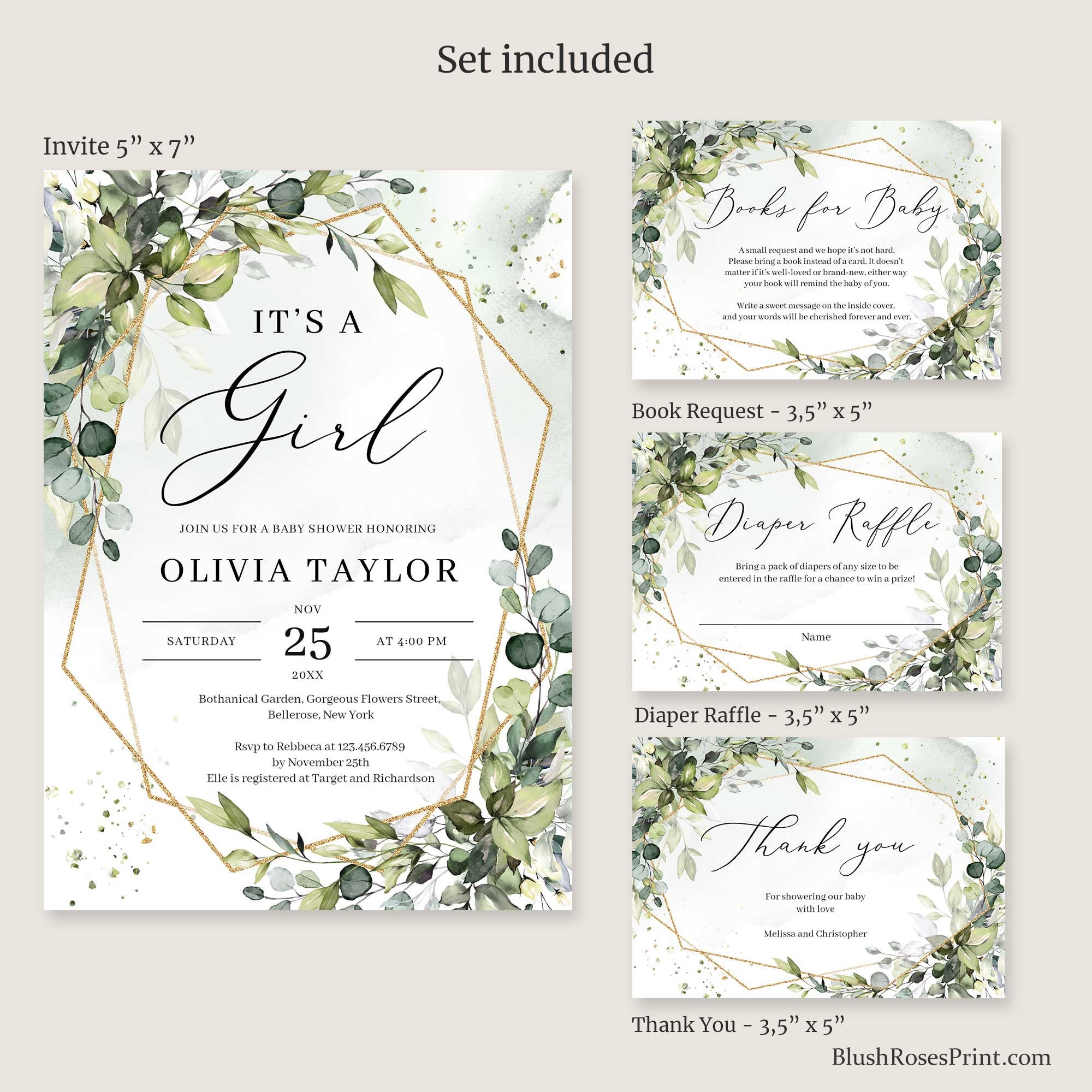 Greenery It's a Girl Invitation Template Edit Yourself | Etsy