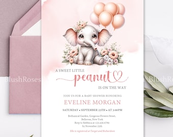 FULLY editable a sweet little peanut girl baby shower invitation template Adobe Reader PDF Cute Baby Elephant blush floral Digital DOWNLOAD